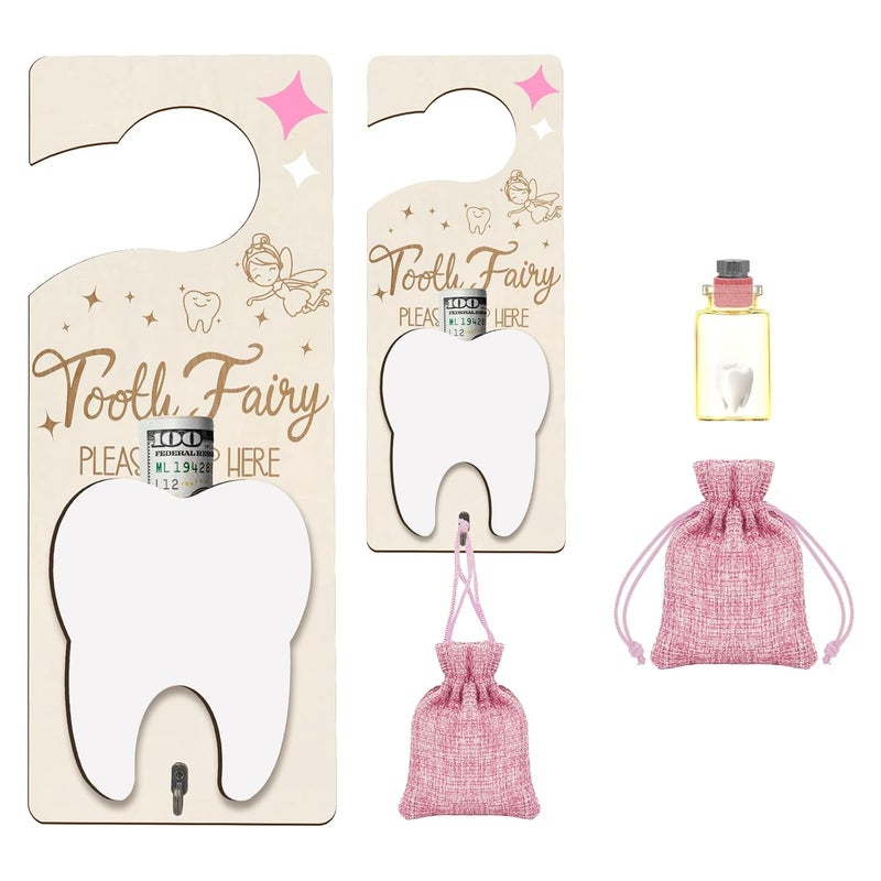 AINBIN Tooth Fairy Door Hanger, Tooth Fairy Tooth Holder Kit with Money Slot Keepsake Bottle Burlap Pouch & Upgrade Night Light, Wooden Encourage Gift for Kids Children Boys Girls Lost Teeth (Pink) - Image 1